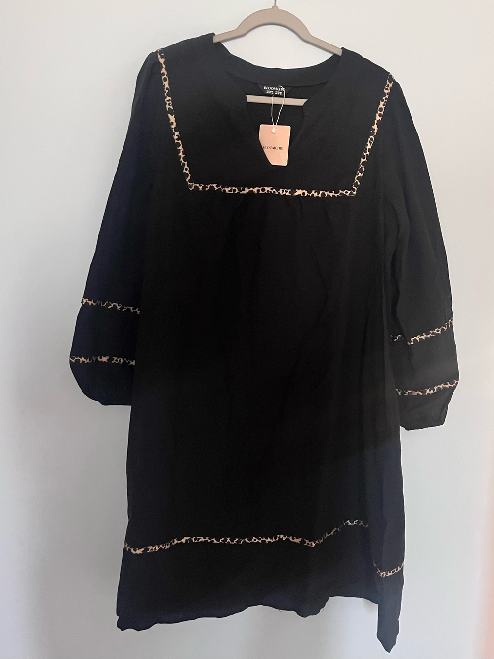 BloomChic Black Long-Sleeve Dress with Leopard Trim